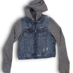 Kids Boys Hollister Light Blue Denim Jean Gray Sweatshirt Hoodie Jacket