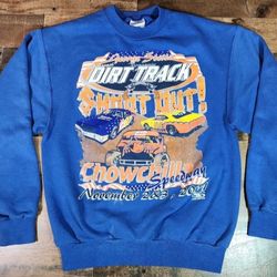 Vintage Chowchilla Speedway Crewneck Blue Sweatshirt Men's Medium Double Sided 