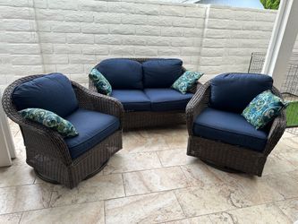 LIKE NEW! 2 Swivel Gliders, 1 Loveseat; Furniture Covers and all Cushions & Pillows Included!!