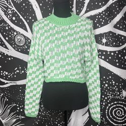 White & Green Checkered Sweater Sz XS