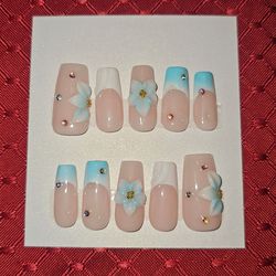 Press-On Nails | Long Square | Beige w/ Blue, White Tips & 3D Flowers, Bling  (#17)