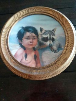 Vintage Native American glass Plates w/ Wood Frame.