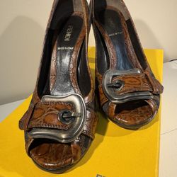 Fendi Tobacco Peeptoe Buckle Heels Size 5 1/2