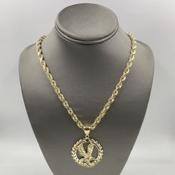 14KT YELLOW GOLD 24” HOLLOW ROPE CHAIN 6.25MM 21.8GR W/ 14KT YELLOW GOLD EAGLE CHARM 10.1GR