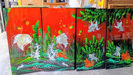 4 PANEL KOI FISH,  SEA LIFE, SEA PLANTS & CORAL