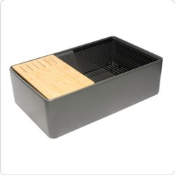 ALFI Brand ABFS3320S-GM 33" Smooth Apron Workstation Fireclay Farmhouse Sink with Accessories - Gray Matte (New Open Box)