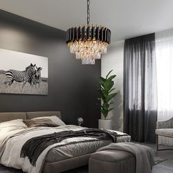 3-Tier Black Gold Crystal Chandelier 5-Light 15’’ Modern Crystal Pendant Chandelier Ceiling Light Fixture Hanging Lighting for Kitchen Island 