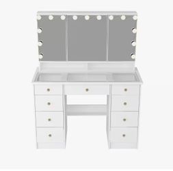 White Makeup Vanity Desk 9-Drawers Wood Dressing Table With 3 Mirrors, Glass Top, Hidden Storage Shelves, LED Bulb Light