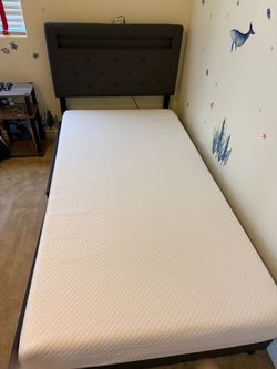Twin upholstered bed w/ storage & mattress