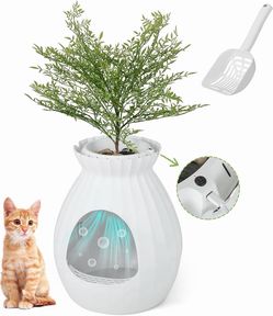 White Plant Litter Box, Cat Hidden Litter Box Enclosure with Artificial Plant, Advanced Odor Removal System, Detachable Door Curtain, Cat Litter Scoop