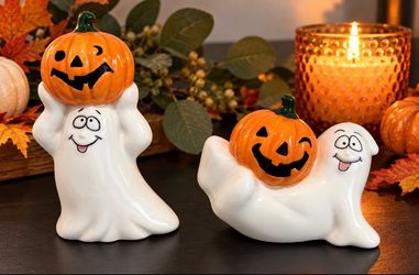 Halloween Vintage Ceramic Ghost & Pumpkin Figurines – Set of 2