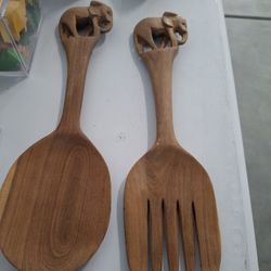 antique wooden spoon and fork 12"inch 