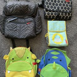 Skip Hop Backpack Diaper Bag, 2 Kids Backpacks, Lunch Bag, and Changing Station Bag - 5 Bags Total