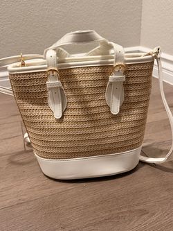 Woven Straw Bucket Bag with White Leather Trim