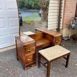 Mid Century Modern Wood Vanity With Mirror And Bench - Will Deliver
