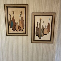 Vintage Set Of 2 Robert Lyons Framed Mid Century Paintings