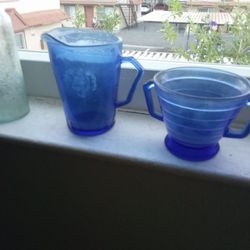 Cobalt blue Shirley Temple etched sugar and creamer