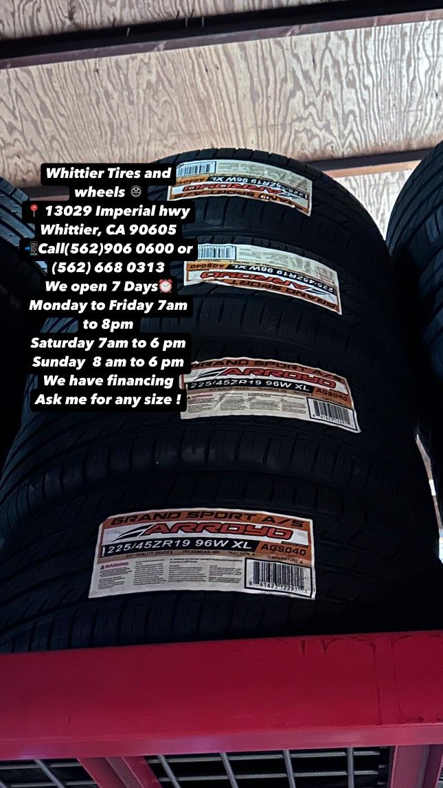 225/45R19 ARROYO SET OF NEW TIRES , INCLUDING MOUNTING AND BALANCING. ASK ME FOR ANY SIZE OR BRAND, WE HAVE THE BEST PRICES OF CALIFORNIA