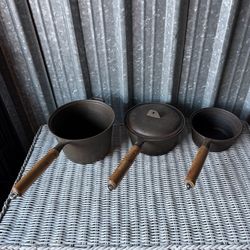Vintage Cast Iron Sauce Pan Set Wood Handles 3 Pots w/ Lid Rustic Kitchen Lot  Camping