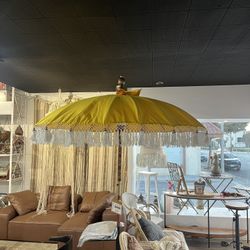 Balinese Bali Hand Made Patio, Pool, Deck, Lounging Umbrella with White Fringe Tassels - 6ft , Luxury Resort, Pop Up Events, Natural Bamboo