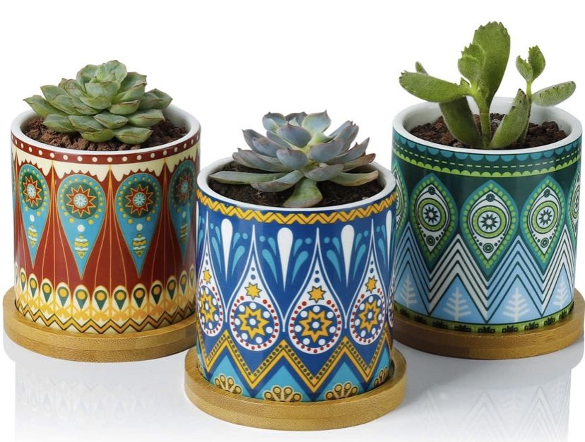 New Succulent Plant Pots - 3 Inch Small Ceramic Planters with Bamboo Tray and Drainage Hole, Colorful Mandala Patterns Gifts Set of 3