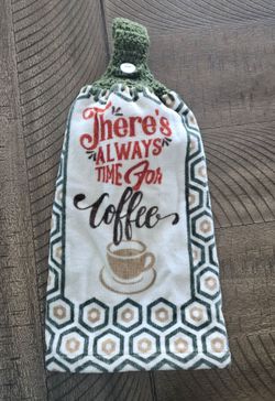 Hanging Kitchen Double Towel with Crocheted Top "There's Always Time For Coffee
