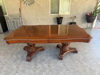 Large Wood Dining Table with Carved Pedestal Base