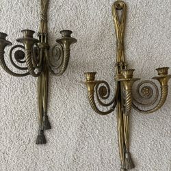 Vintage Pair of Brass Sconces,  Triple Arm Candle Holders, Ornate Hollywood Regency 