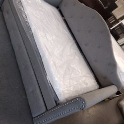 Grey Upholstery Twin Day Bed With Trundle And Two  Mattress