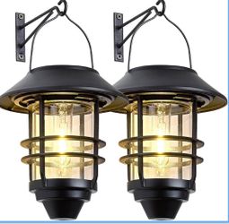 New! Solar Lantern Outdoor Lights, Hanging Waterproof Lantern Lights with Wall Mount Kit for Garden Porch Fence 2 Pack