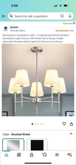 Dining Room Chandeliers Light - 5-Light Brushed Nickel Modern Chandeliers Light Fixtures with White Fabric Shade, Height Adjustable Pendant Island Lig