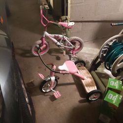 Hello Kitty Bicycle With Training Wheels And Metal Radio Flyer Pink Tricycle Both Work But Aren't New