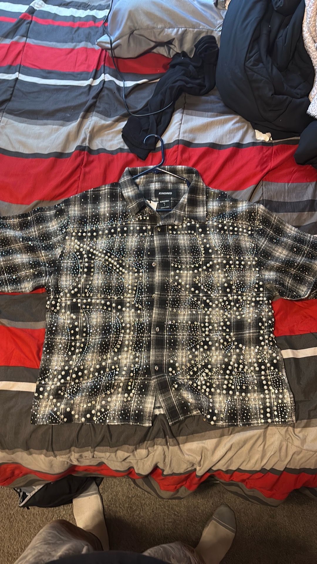 Large long Sleeve Plaid Pearl Embellished Button-Up Shirt - Like New