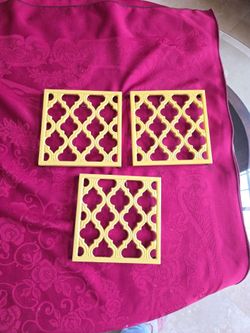 Vintage Yellow Cast Iron Trivets Set of 3 - 7 Inches