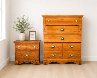 Vintage Solid Oak Dresser & Nightstand Set