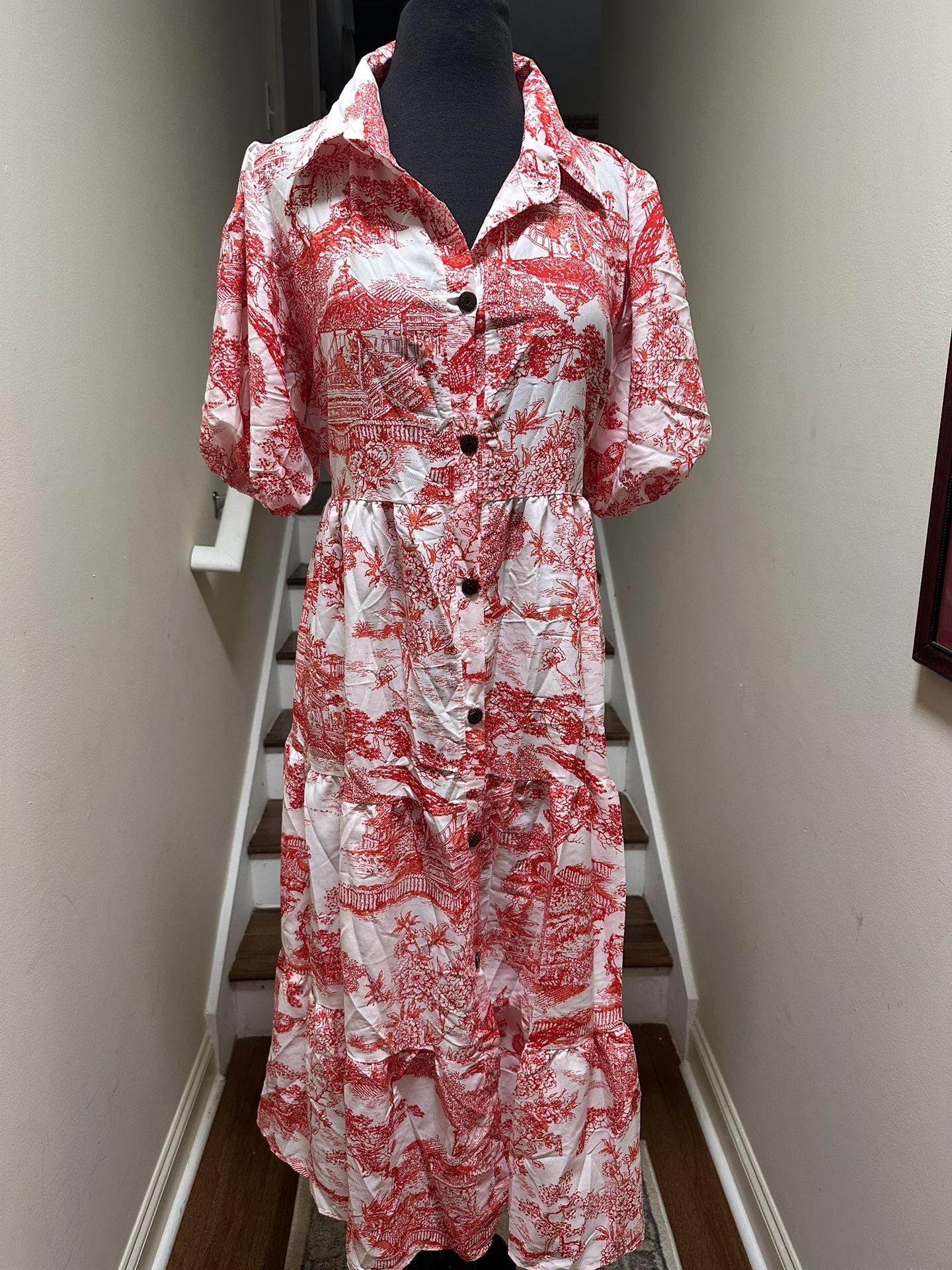 Button Up Puff Sleeve Dress