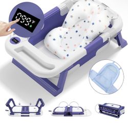 Baby Bathtub for Infants to Toddler, Collapsible Baby Bath Tub, with Thermometer & Soft Floating Cushion & Bath Net, No-Slip Hanging Portable Bathtub