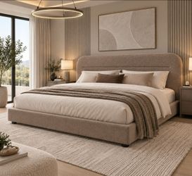 King Bed Frame, Beige Boucle Upholstered Platform Bed
Low profile design with Adjustable Cloud Like Headboard, Rounded Corners, Solid Wood Slat Suppor