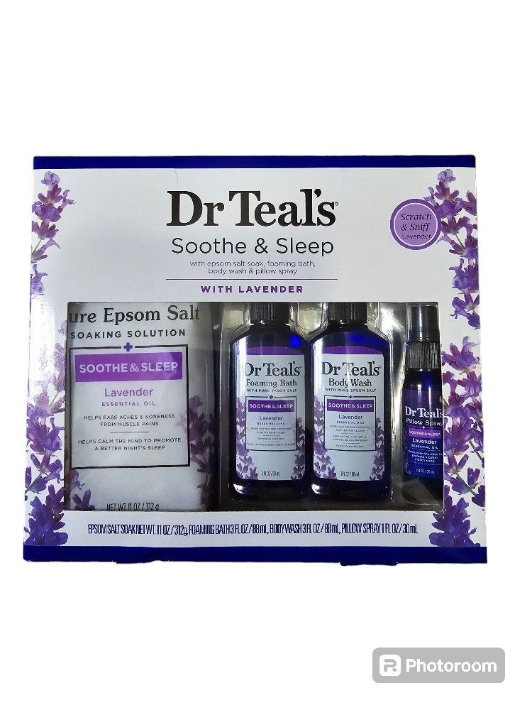 New Dr Teal's Pure Epsom Salts Lavender, Body Wash, Foaming Bath, Gift Set 4-pc