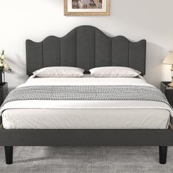 Full Size Upholstered Platform Bed Frame with Adjustable Headboard, Wood Slat Support and Noise-Free, No Box Spring Needed, Easy Assembly