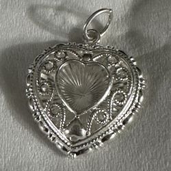 New .999 Pure Silver Puffy Heart Pendant Scroll Detail  Unique Delicate Designer Piece Lovely Bright Shiny 