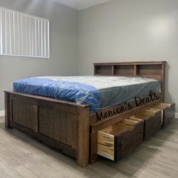 Queen Solid Wood Bed With 3 Drawers And Mattress $760