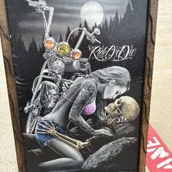 Framed Ride Or Die Art Skeleton Couple Motorcycle+