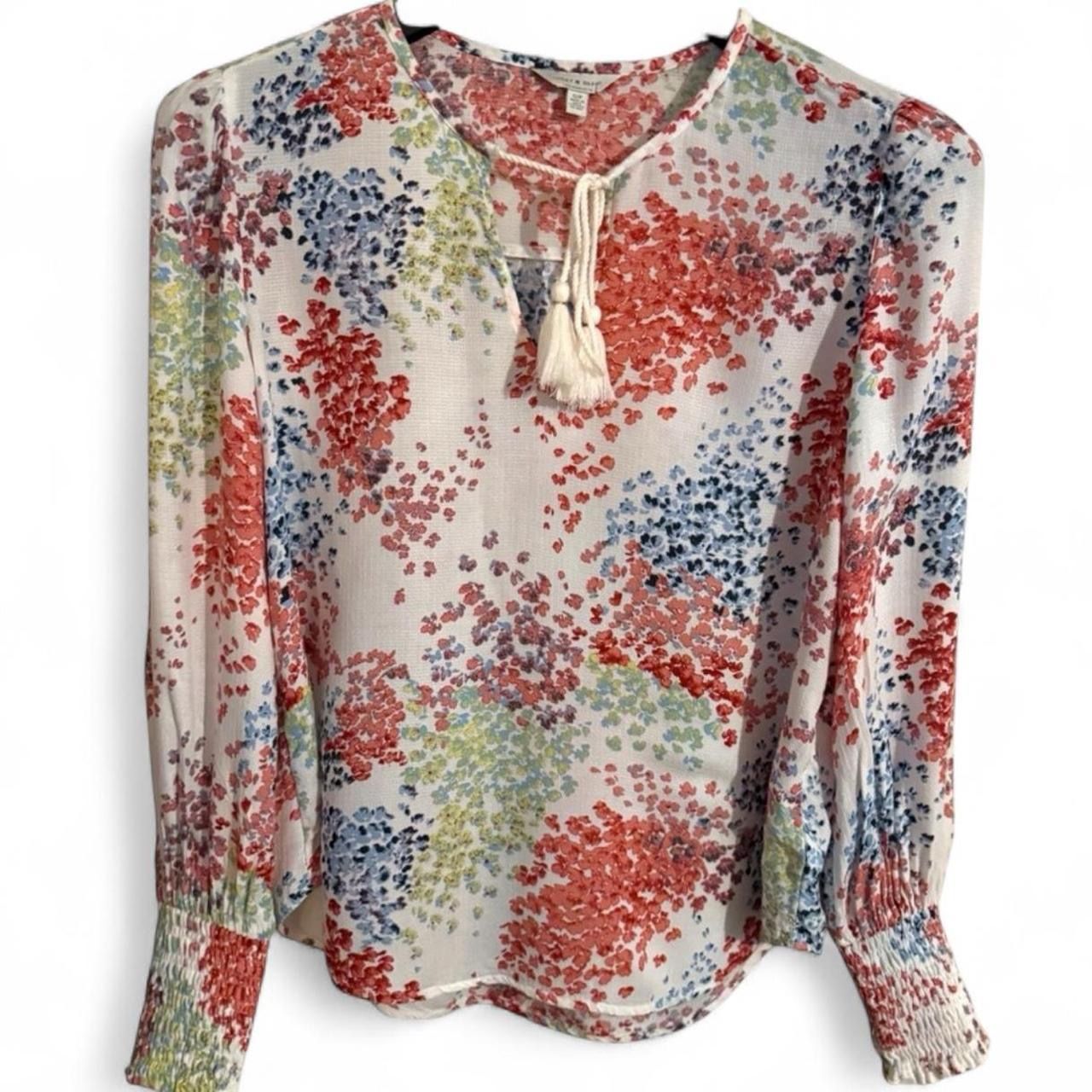 LUCKY BRAND White w/Multi Floral Long Sleeve Blouse Elastic Sleeve Sz S $80