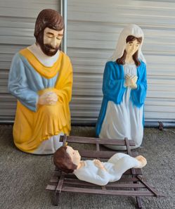 Vintage plastic Mary, Joseph and baby Jesus yard decorations