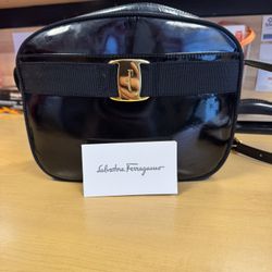 Salvatore Ferragamo Black Gold Patent Leather Crossbody Bag