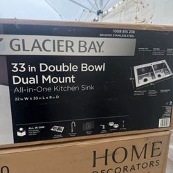 Glacier Bay Dolancourt Tight Radius 33 in. Drop-In 50/50 Double Bowl 18 Gauge Stainless Steel Kitchen Sink with Pull-Down Faucet