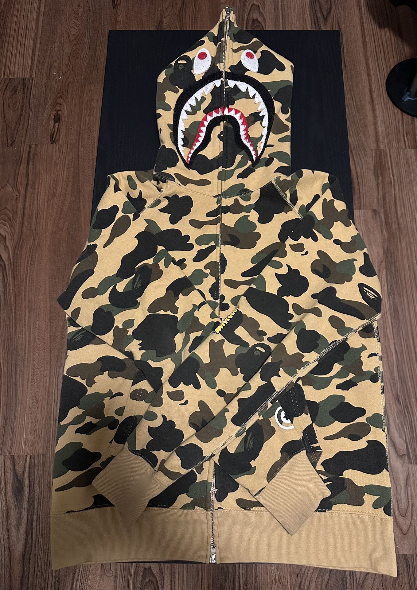 Bape 1st Camo PONR Shark Full Zip Hoodie Yellow, Men's Size L