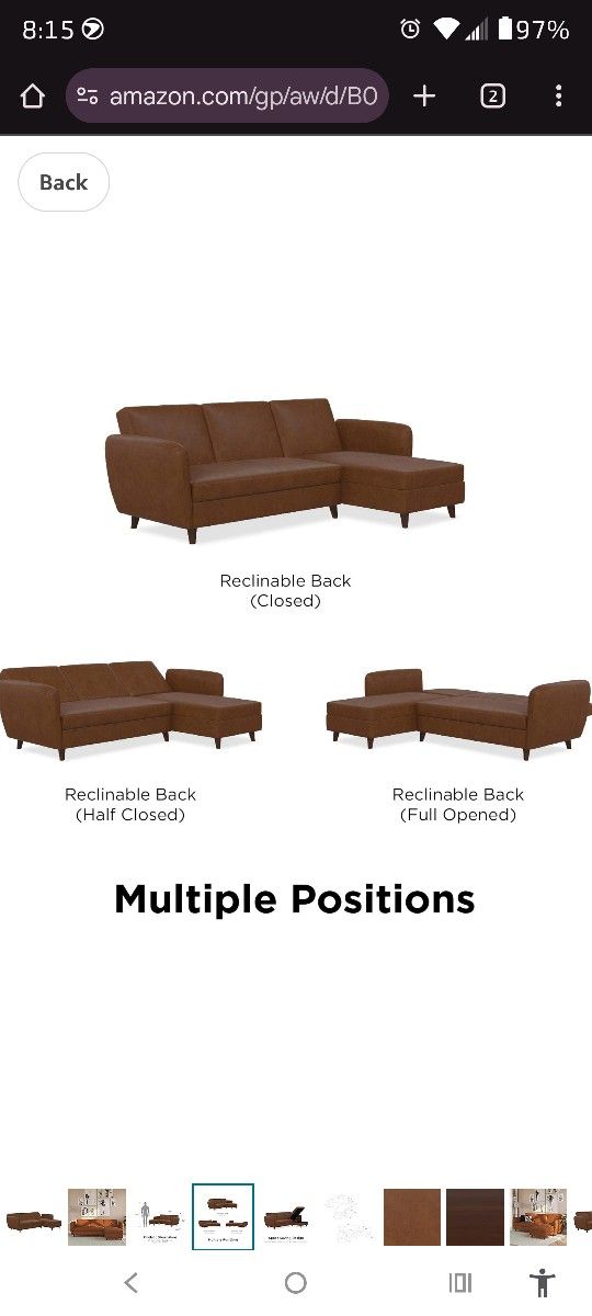 Novogratz Perry Reversible Sectional Futon with Storage, Convertible Sleeper, Camel Faux Leather