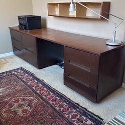 Long Desk With Two Lower Cabinets And Wall Shelf